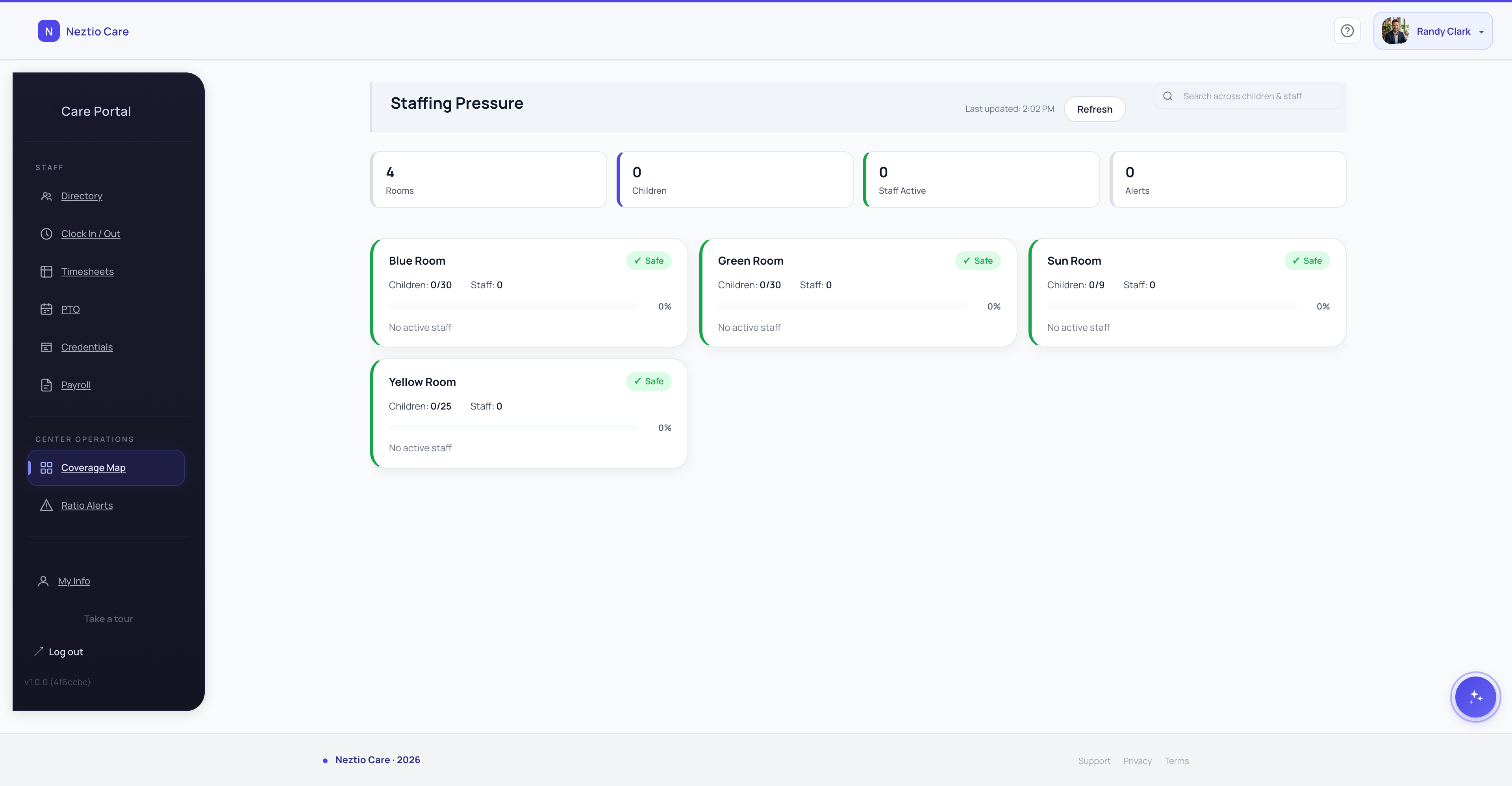 Neztio classroom coverage map showing staff-to-child ratios throughout the day